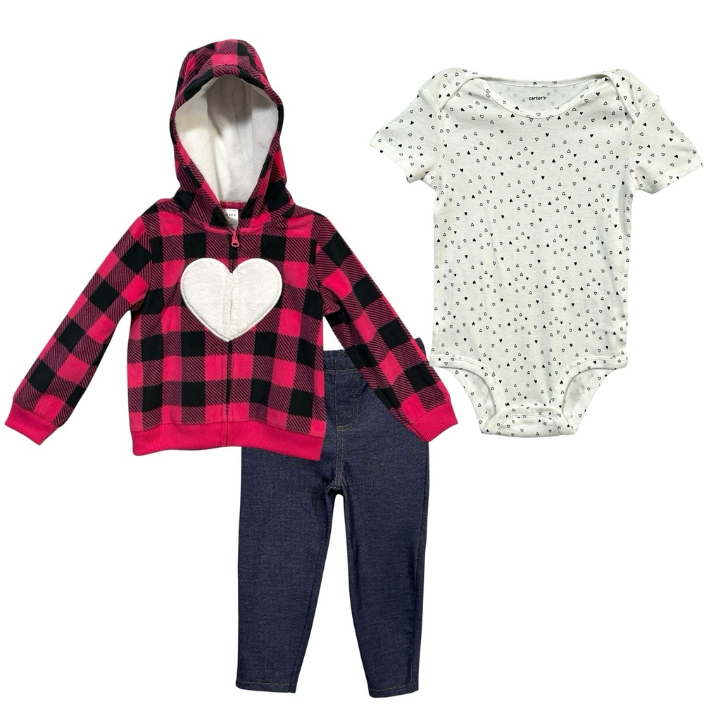 Carters Baby Girls 3pc Fleece Jacket Top Pants Outfit Set Sz 24M Pink Navy White